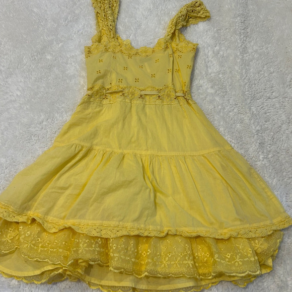 VTG Free People Womens Yellow Lace Crochet Ruffle Hem Dress Sz 8 Cottage Core - Picture 2 of 6